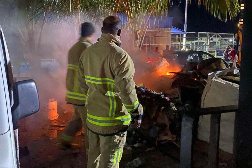 MNDF attend to a fire that broke out at the RDC site on Boduthakurufaanu Magu